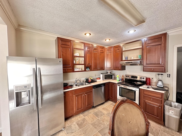 kitchen featuring open shelves, under cabinet range hood, light countertops, stainless steel appliances, and a sink