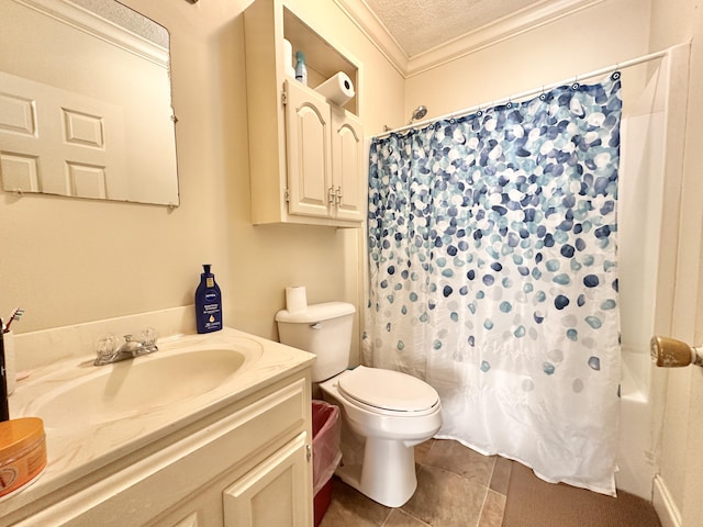 bathroom featuring shower / tub combo with curtain, toilet, a textured ceiling, crown molding, and vanity