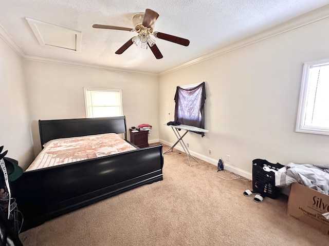 bedroom featuring light colored carpet, a textured ceiling, and crown molding