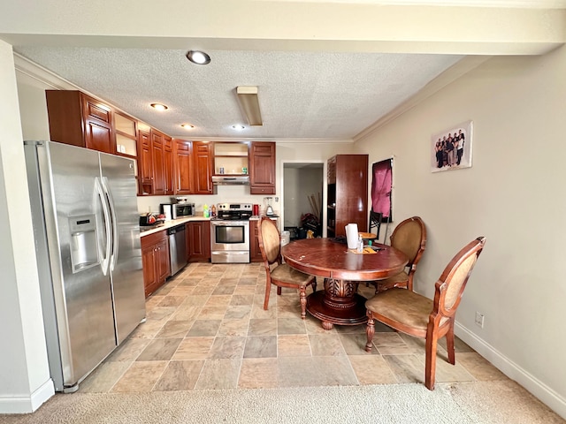 kitchen featuring open shelves, a textured ceiling, appliances with stainless steel finishes, light countertops, and baseboards