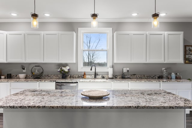 700 Nick Ln, Winchester, KY 40391 - kitchen featuring ornamental molding, white cabinets, stainless steel dishwasher, and a sink