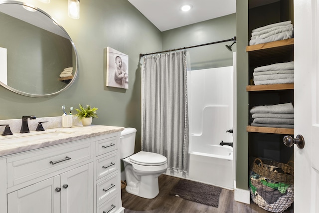 700 Nick Ln, Winchester, KY 40391 - bathroom featuring shower / bathtub combination with curtain, toilet, wood finished floors, and vanity