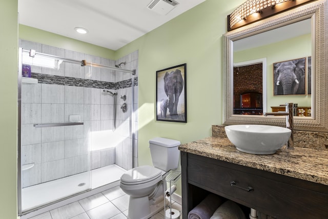 full bathroom with a stall shower, visible vents, toilet, and vanity
