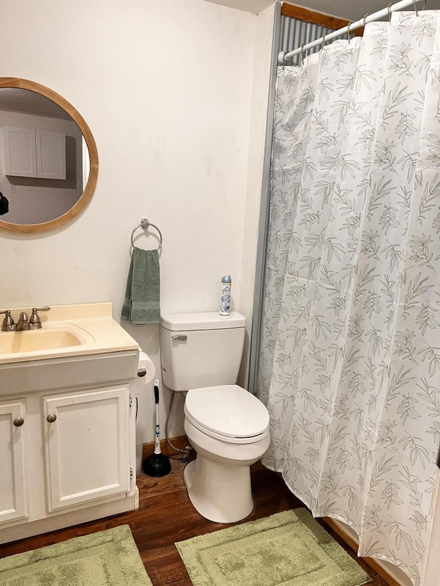 104 First St, Cynthiana, KY 41031 - full bath featuring wood finished floors, toilet, vanity, and a shower with shower curtain