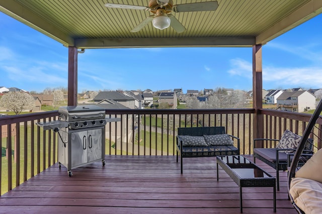 205 Hedgewood Ln, Richmond, KY 40475 - wooden terrace featuring a residential view, grilling area, and ceiling fan