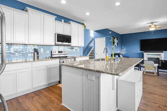 205 Hedgewood Ln, Richmond, KY 40475 - kitchen featuring wood finished floors, stainless steel appliances, a ceiling fan, white cabinetry, and a sink