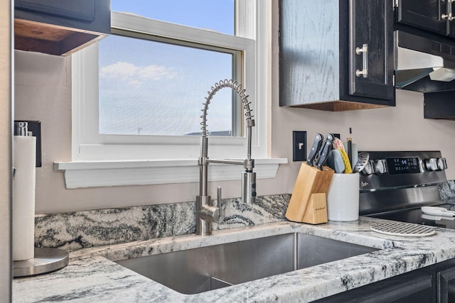 101 Bell Lawn Dr, Nicholasville, KY 40356 - kitchen featuring stainless steel electric range, under cabinet range hood, a sink, dark cabinets, and light stone counters