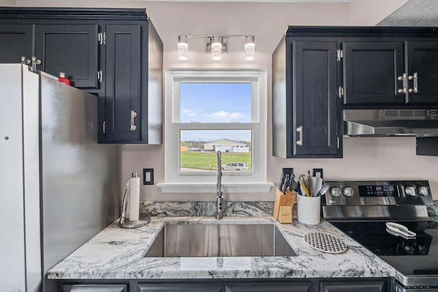 101 Bell Lawn Dr, Nicholasville, KY 40356 - kitchen featuring a sink, freestanding refrigerator, light stone countertops, under cabinet range hood, and electric stove