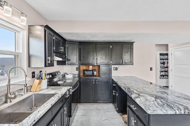101 Bell Lawn Dr, Nicholasville, KY 40356 - kitchen with marble finish floor, under cabinet range hood, black microwave, a sink, and stainless steel electric stove
