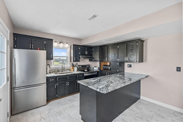 101 Bell Lawn Dr, Nicholasville, KY 40356 - kitchen with a sink, stainless steel appliances, marble finish floor, baseboards, and visible vents