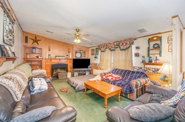 360 N Middletown Rd, Winchester, KY 40391 - living room with carpet floors, a textured ceiling, wood walls, and ceiling fan