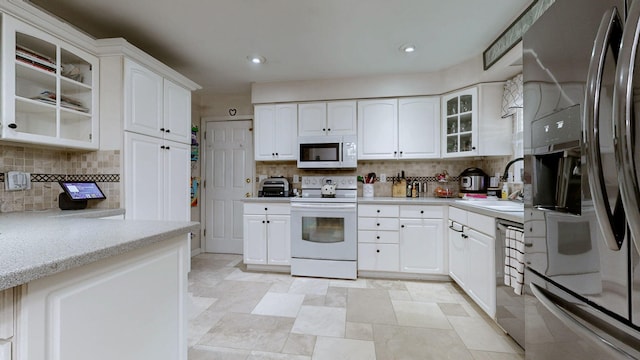 3485 Twillingate Ct, Lexington, KY 40503 - kitchen with white appliances, tasteful backsplash, glass insert cabinets, white cabinetry, and recessed lighting