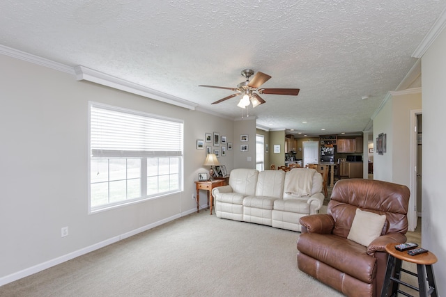living area featuring a textured ceiling, baseboards, ceiling fan, ornamental molding, and light carpet