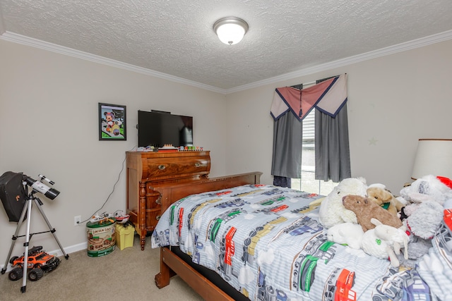 bedroom with baseboards, a textured ceiling, crown molding, and carpet