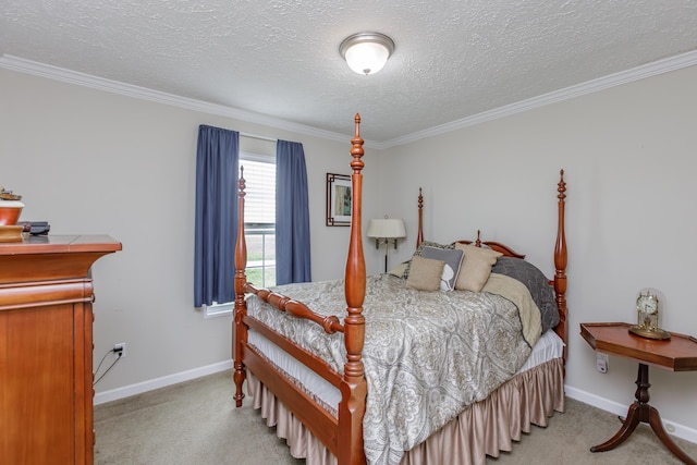 bedroom featuring baseboards, a textured ceiling, and light carpet