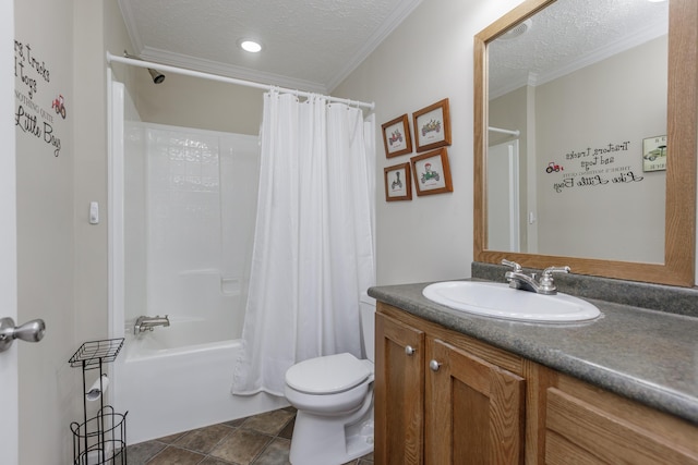 full bath featuring toilet, vanity, shower / tub combo with curtain, and a textured ceiling