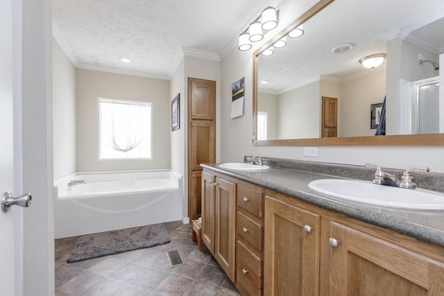 bathroom featuring double vanity, a textured ceiling, a sink, and crown molding