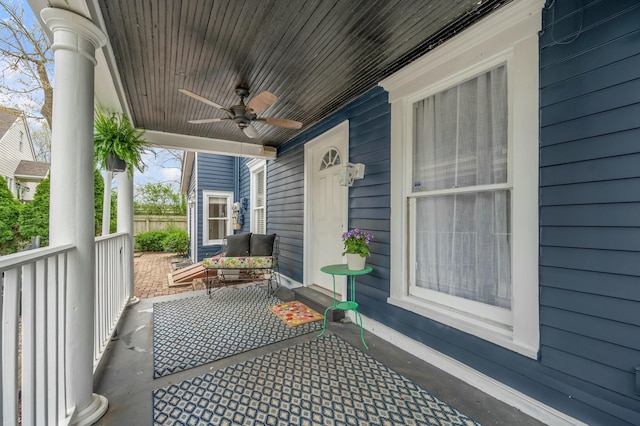 view of patio / terrace featuring a porch and a ceiling fan