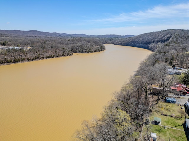 birds eye view of property with a water and mountain view and a wooded view