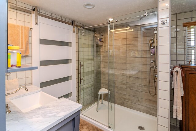 bathroom featuring a stall shower, vanity, and a textured ceiling