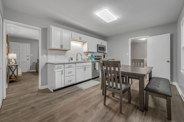 kitchen featuring a sink, stainless steel appliances, tasteful backsplash, and wood finished floors