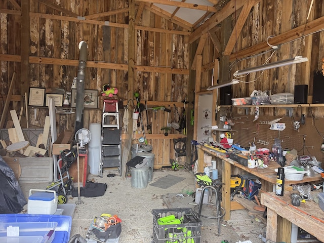 misc room with a workshop area and lofted ceiling