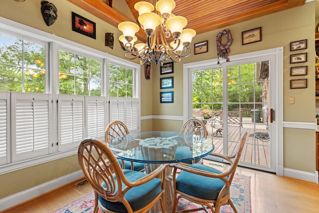 dining space featuring healthy amount of natural light, a chandelier, baseboards, and light wood-type flooring