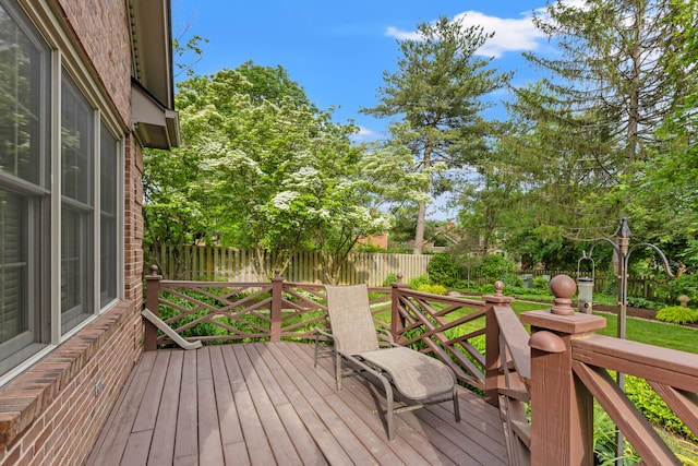 wooden terrace with a fenced backyard and view of scattered trees
