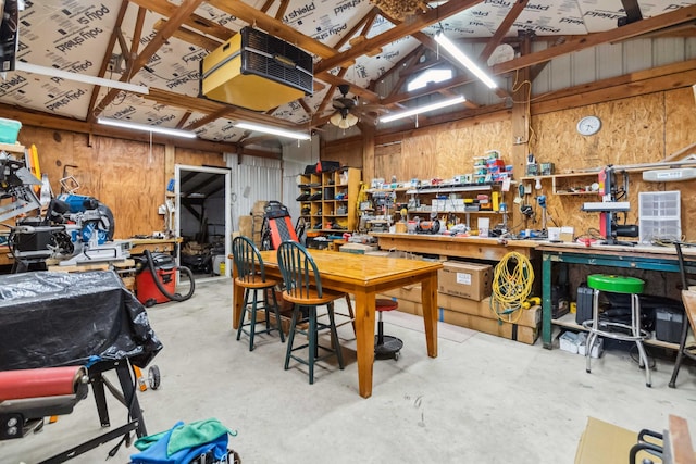 garage with a workshop area