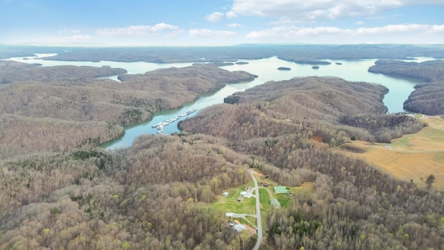 bird's eye view featuring a water view and a view of trees
