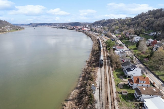 birds eye view of property featuring a residential view and a water and mountain view