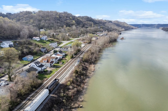 aerial view featuring a water view and a residential view
