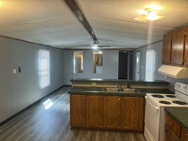 kitchen with range hood, electric range, a sink, a peninsula, and vaulted ceiling with beams