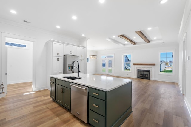 kitchen with visible vents, plenty of natural light, a sink, appliances with stainless steel finishes, and white cabinetry