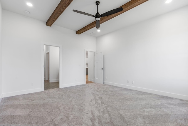 unfurnished bedroom with baseboards, recessed lighting, beamed ceiling, ceiling fan, and carpet