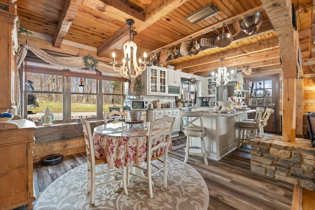 1295 Burger Knob Rd, Junction City, KY 40440 - dining space with dark wood-style floors, a notable chandelier, wooden ceiling, and beamed ceiling