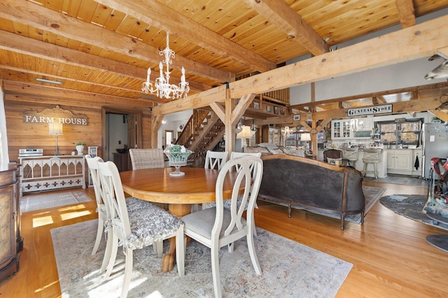 1295 Burger Knob Rd, Junction City, KY 40440 - dining space featuring stairs, wood ceiling, wooden walls, wood finished floors, and an inviting chandelier