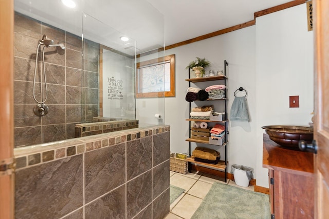 1295 Burger Knob Rd, Junction City, KY 40440 - bathroom featuring crown molding, a sink, tile patterned floors, and walk in shower