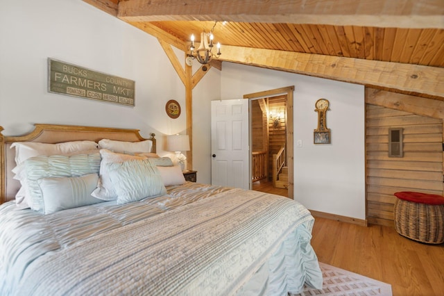 1295 Burger Knob Rd, Junction City, KY 40440 - bedroom with a chandelier, baseboards, wood finished floors, vaulted ceiling with beams, and wooden ceiling