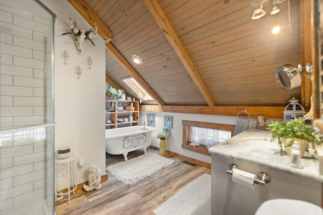 1295 Burger Knob Rd, Junction City, KY 40440 - full bathroom featuring baseboards, a soaking tub, wood ceiling, vaulted ceiling with beams, and wood finished floors