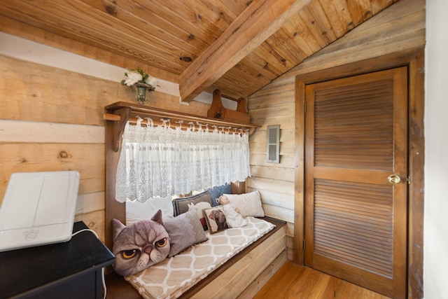 1295 Burger Knob Rd, Junction City, KY 40440 - bedroom with wood ceiling, vaulted ceiling with beams, wooden walls, wood finished floors, and visible vents