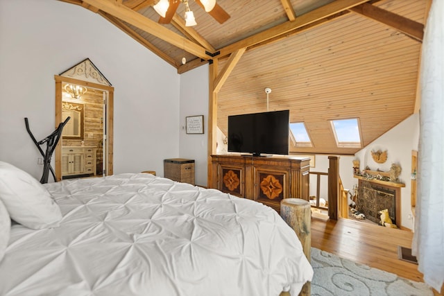 1295 Burger Knob Rd, Junction City, KY 40440 - bedroom with wood ceiling, a skylight, beamed ceiling, visible vents, and wood finished floors