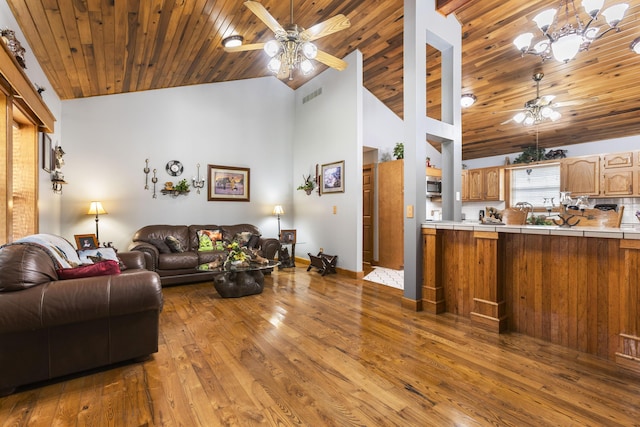 9485 US-60, Morehead, KY 40351 - living area featuring high vaulted ceiling, wood ceiling, wood finished floors, ceiling fan with notable chandelier, and visible vents