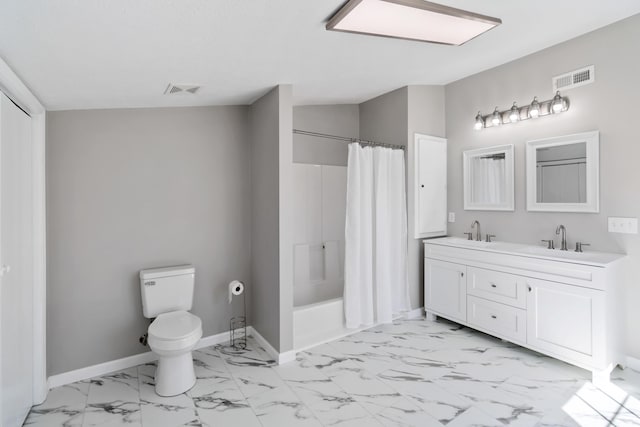 full bath featuring visible vents, toilet, marble finish floor, a sink, and baseboards