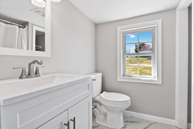 full bathroom with visible vents, baseboards, toilet, vanity, and marble finish floor