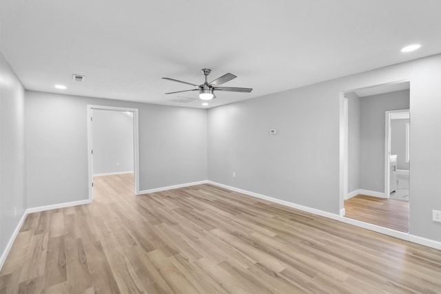 unfurnished room featuring recessed lighting, ceiling fan, light wood-type flooring, and baseboards