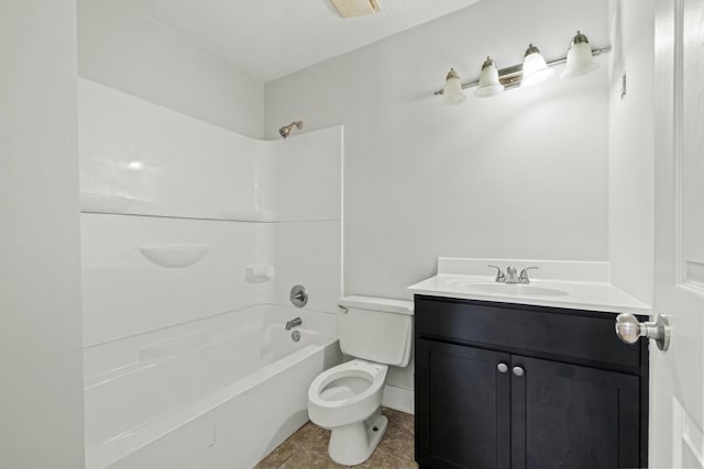 full bath featuring toilet, vanity, and bathtub / shower combination