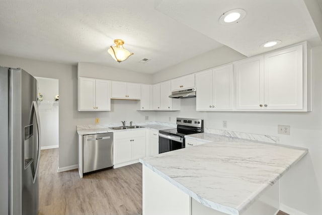 kitchen with under cabinet range hood, white cabinetry, a peninsula, and appliances with stainless steel finishes