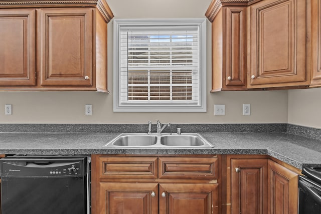 209 Old Todds Rd Unit 9103, Lexington, KY 40504 - kitchen featuring brown cabinets, dark countertops, black appliances, and a sink
