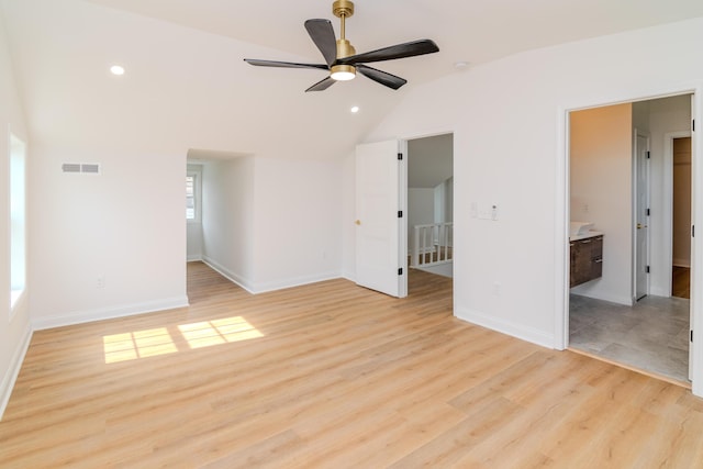 948 Meadow Ln, Lexington, KY 40505 - empty room featuring vaulted ceiling, baseboards, light wood finished floors, ceiling fan, and visible vents